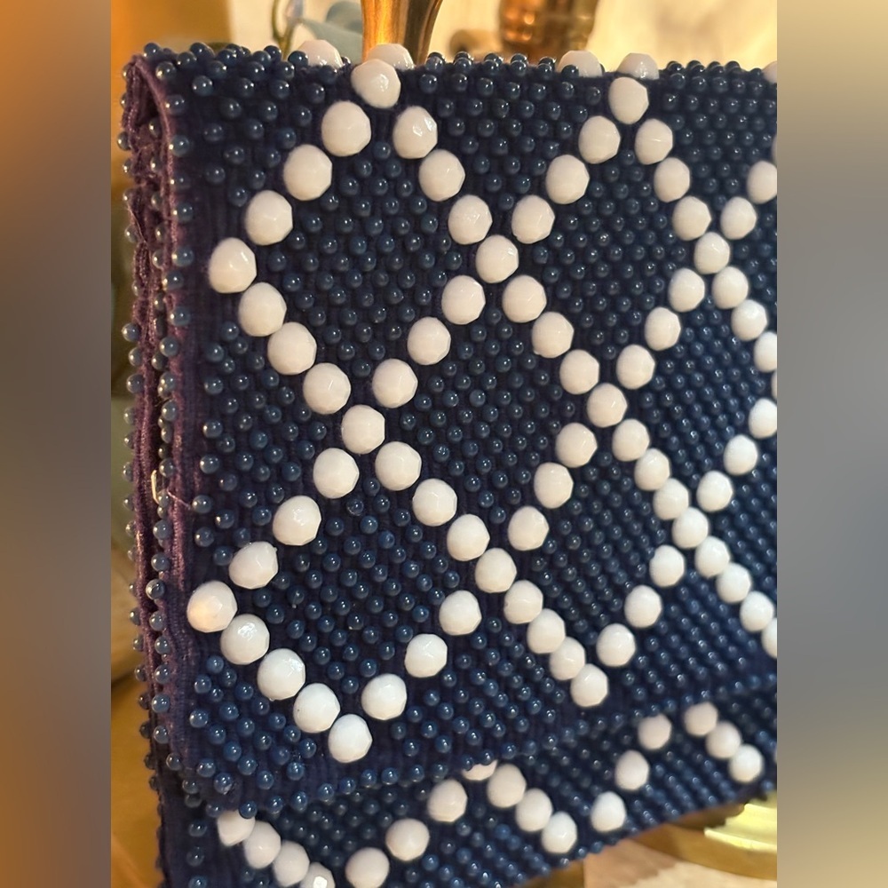 Mr. Jonas Vintage Navy and White Beaded Clutch made in Hong Kong. - Picture 2 of 12